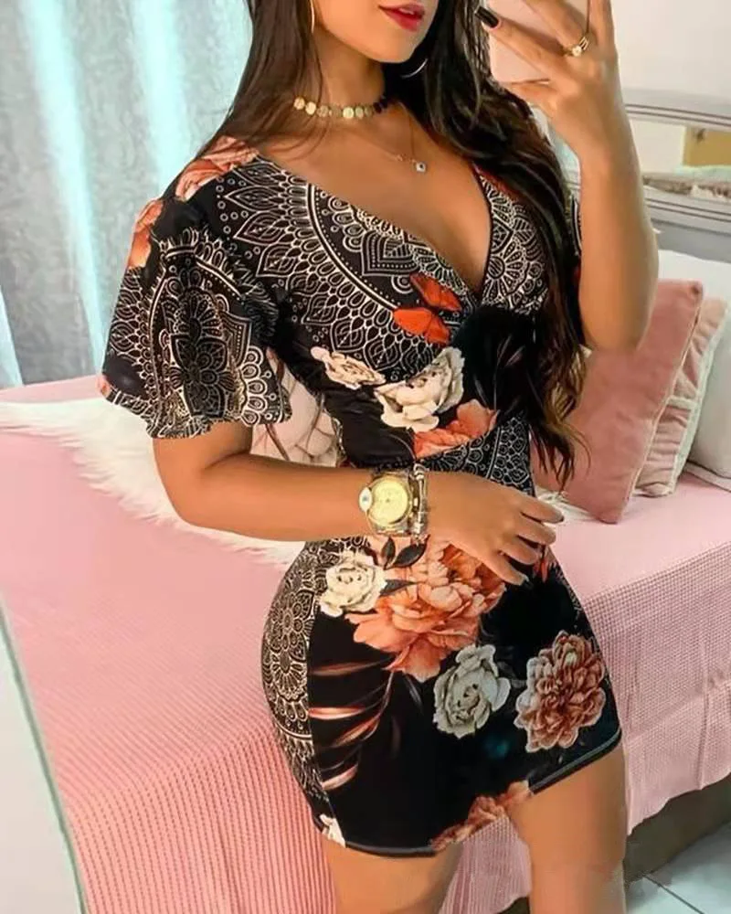 

2025 Women Printed Tight Mini Dress, Deep V-neck Sexy Fashion Dress, Office And Party Hip Tight Dress