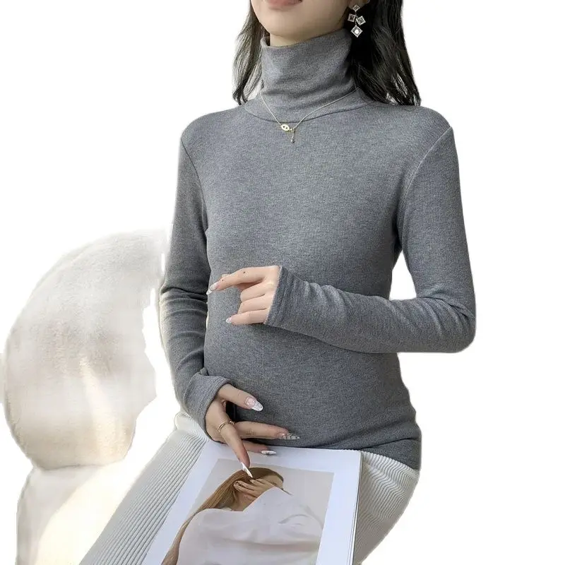 Korean Style Maternity Fleece T-shirt Winter Long Sleeve Turtleneck Fashion Pregnant Woman Basic Shirts Stretched Thick Warm Top