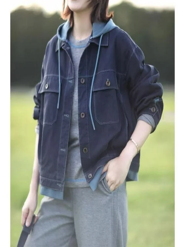 

Retro Hooded Patchwork Denim Jaet Women's Spring Autumn Casual Loose Faionable Age-Defng Versatile Jaet Top Trendy
