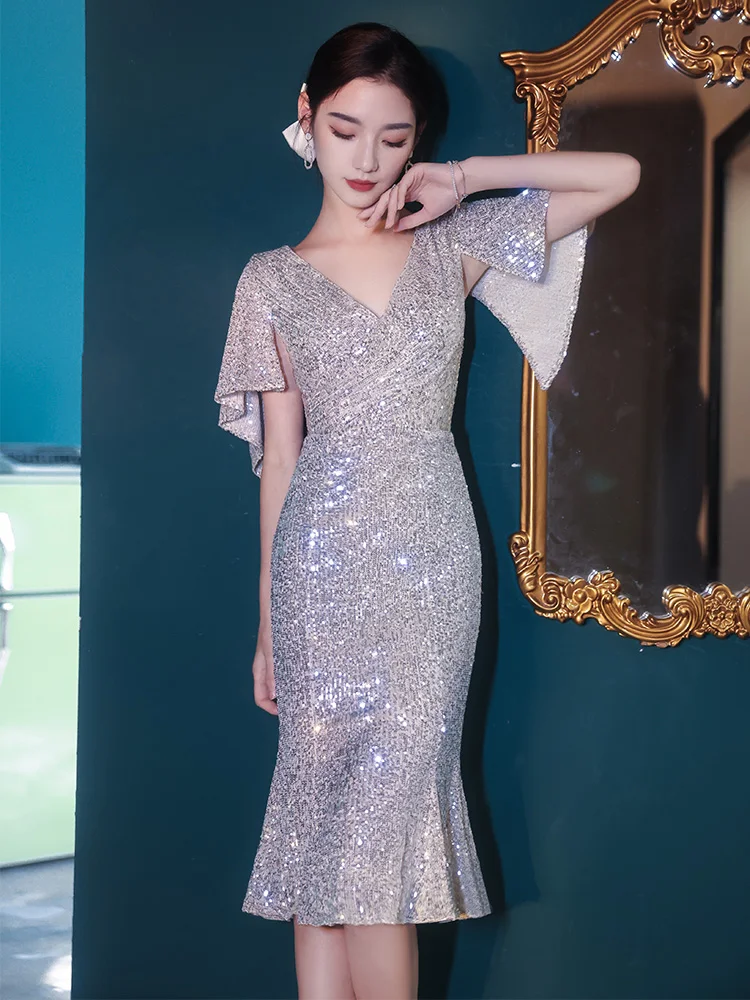 

Ele Sexy Mid-Waist Fi-Tail Evening Gown for Women Birthday Par Host Glittering Beads ort Sve V-Ne Long Dr