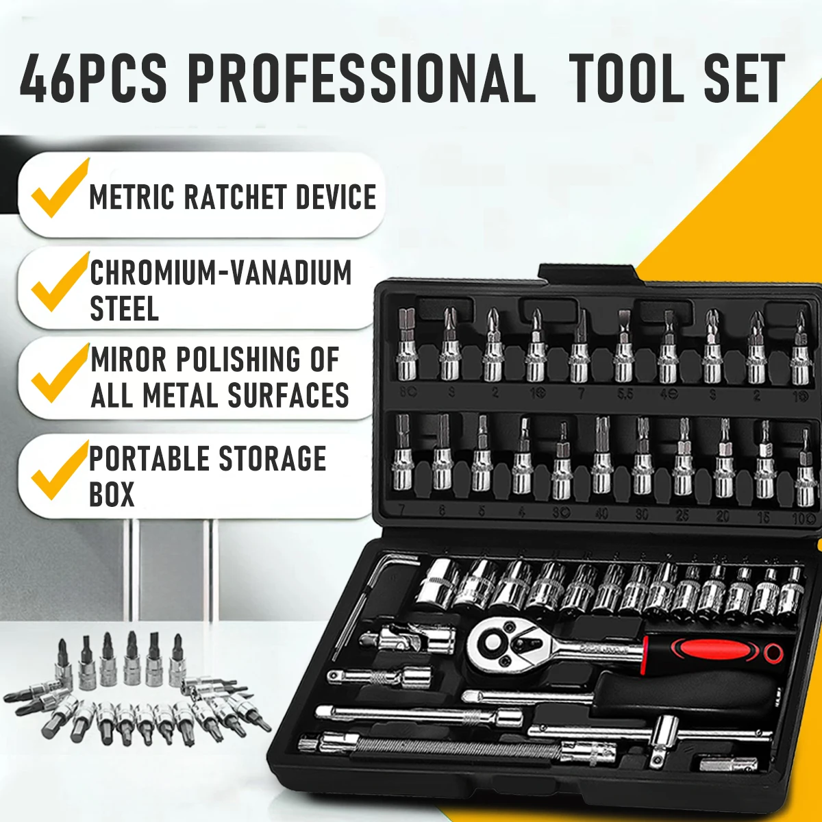 

Высококачественный набор из 46 предметов: набор механических ключей с трещоткой-адаптером и портативной упаковкой в штучной упаковке