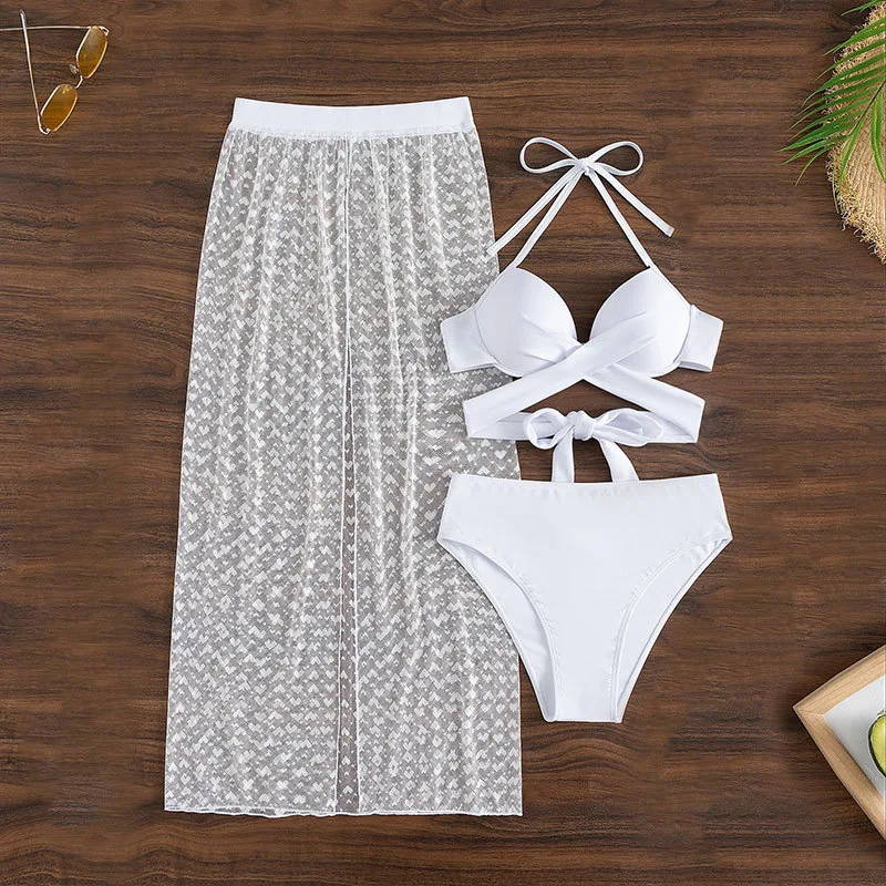 bikini  European and American solid color bikini sexy mesh skirt three-piece swimsuit women's bikini beach swimsuit