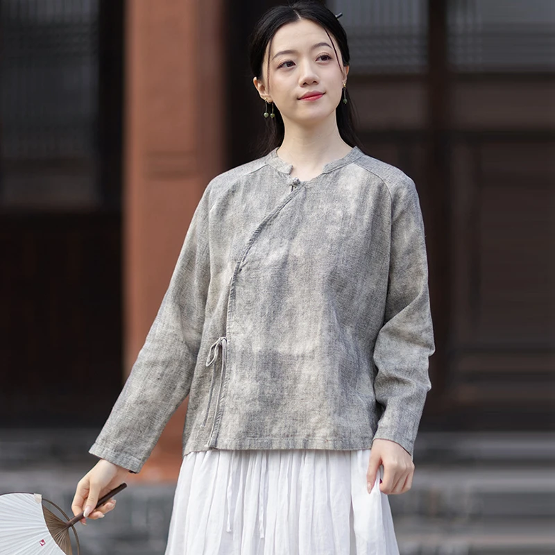 

Women Long Sleeve Cotton Linen Shirt New Arrival 2026 Spring Chinese Style Vintage Tie Dye Loose Female Casual Tops Shirts M2596
