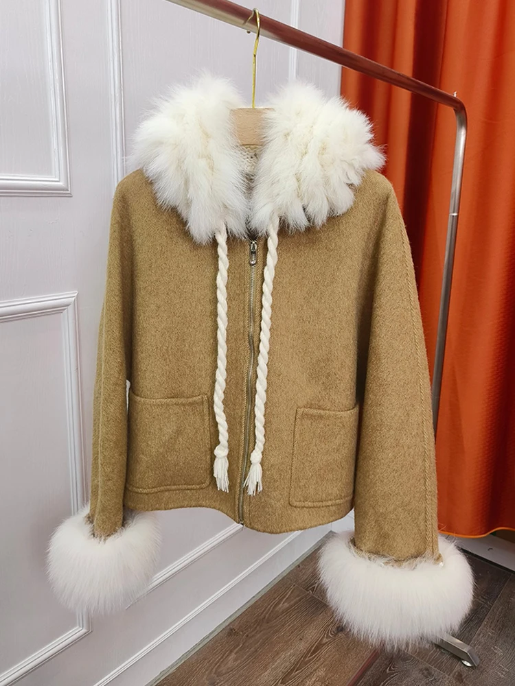 Autumn Winter Real Fur Coat Women Natural Fox Fur Hooded Jacket Short Cashmere Wool Woolen Ladies Outerwear Female Coat