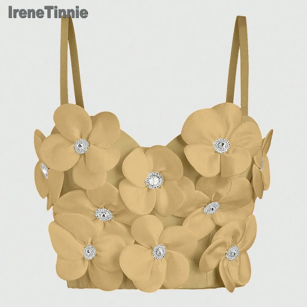 

Irene Tinnie 2024 New Fashion Khaki Rhinestone 3D Flower Women Bustier Bra Wedding Party Night Club Corset Cropped Top Vest