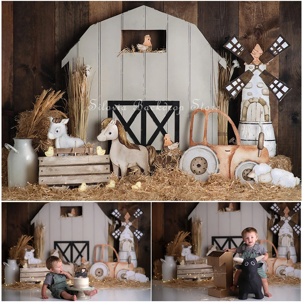 

White Barn Farm Photography Backdrop Children Birthday Cake Smash Photo Background Cow and Sheep Windmill Photo Studio Props