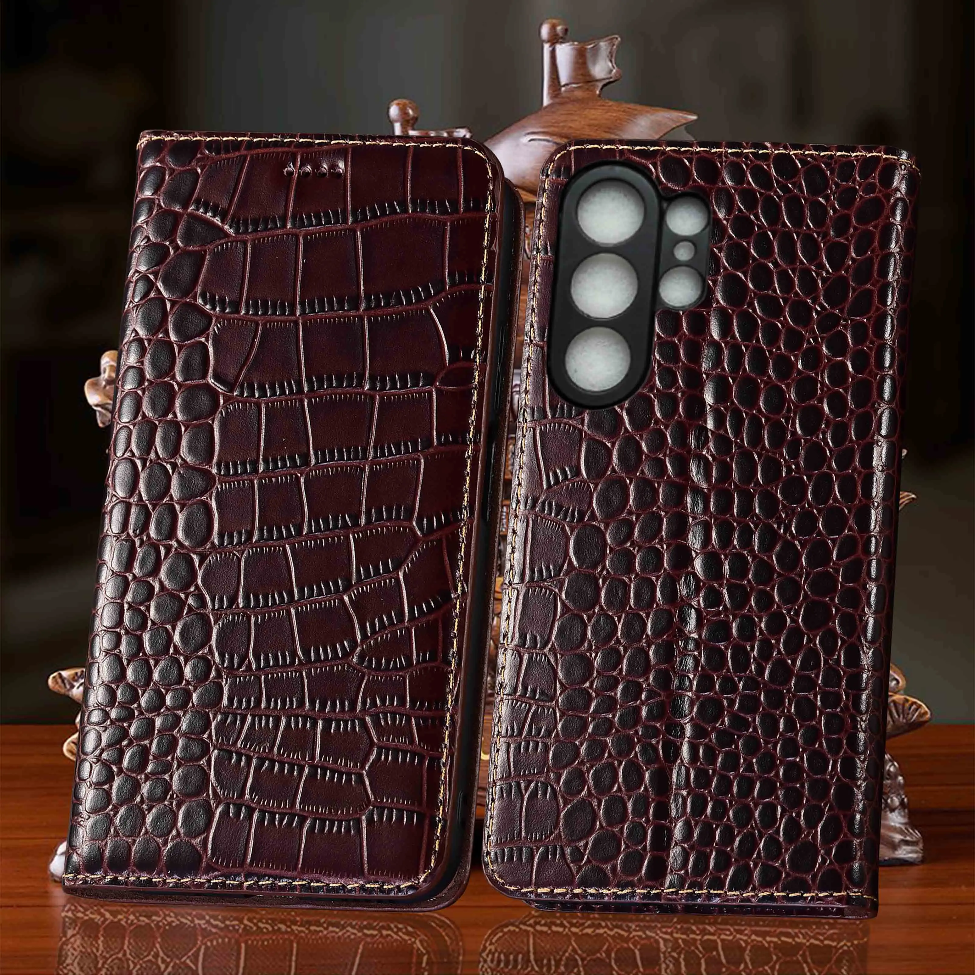 For Samsung Galaxy S20 S21 S22 S23 S24 S25 S26 Edge Plus Ultra FE Crocodile Pattern Of Genuine Leather Flip Phone Case Cowhide