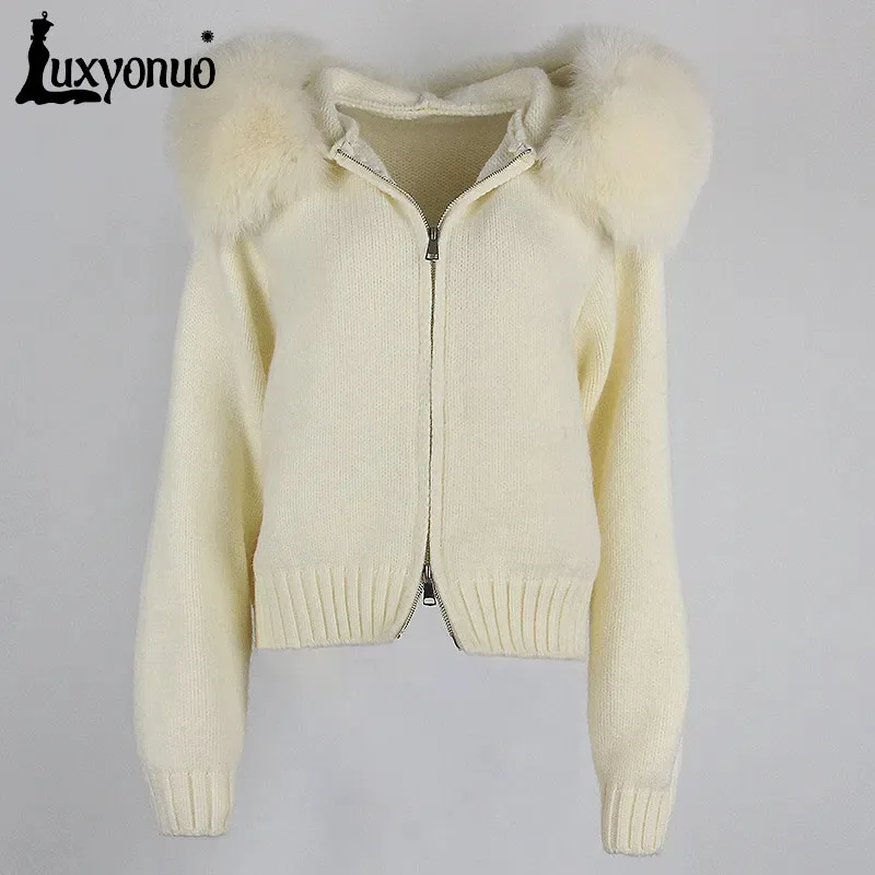 Luxyonuo Women's Sweater With Hooded 2023 Autumn Casual Knit Short Coat With Real Fox Fur Collar Ladies Fashion Zipper Cardigan