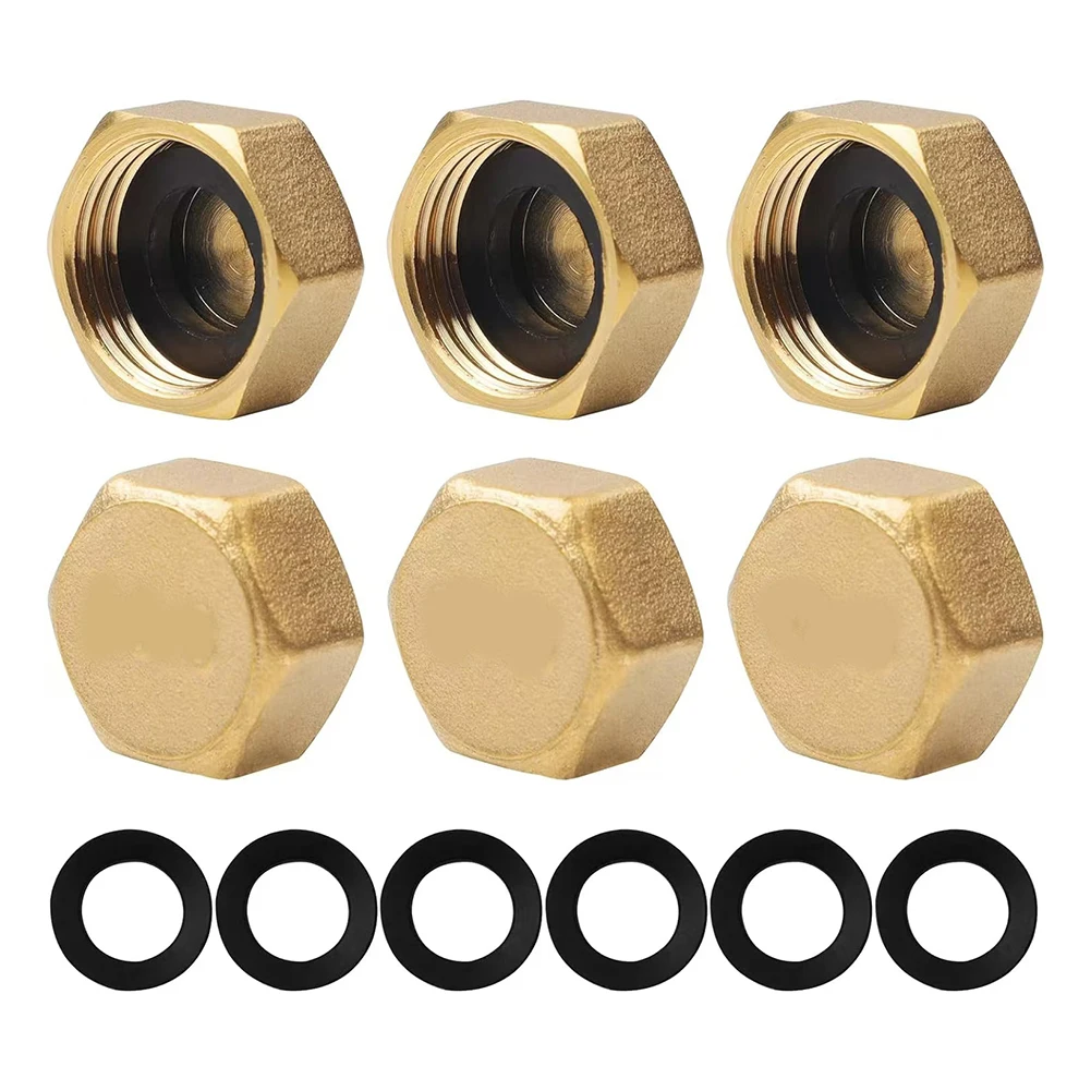 Set of 6 Brass Hose End with Leak Proof Seal Rings to Securely Close Garden Hose Pipe Water Outlets and Prevent Leaks