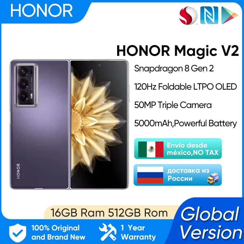 Honor Magic V2 5G Dobrável LTPO Versão Global 7.92 "OLED 120Hz Display Snapdragon 8 Gen 2 66W SuperCharge 5000mAh Bateria NFC