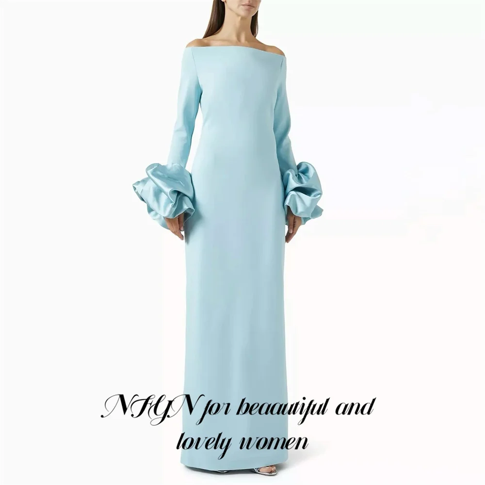 

NFYN Light Blue Formal Gown Off Shoulder Prom Dress Silhouette Party Dress with Lantern Long Sleeves for Arabic Women Customized