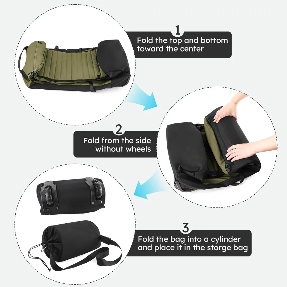 حقيبة واق من المطر قابلة للطي مقاس 86 لتر مقاس 30 بوصة باللون الأخضر العسكري مع عجلات وحجرة للأحذية للسفر