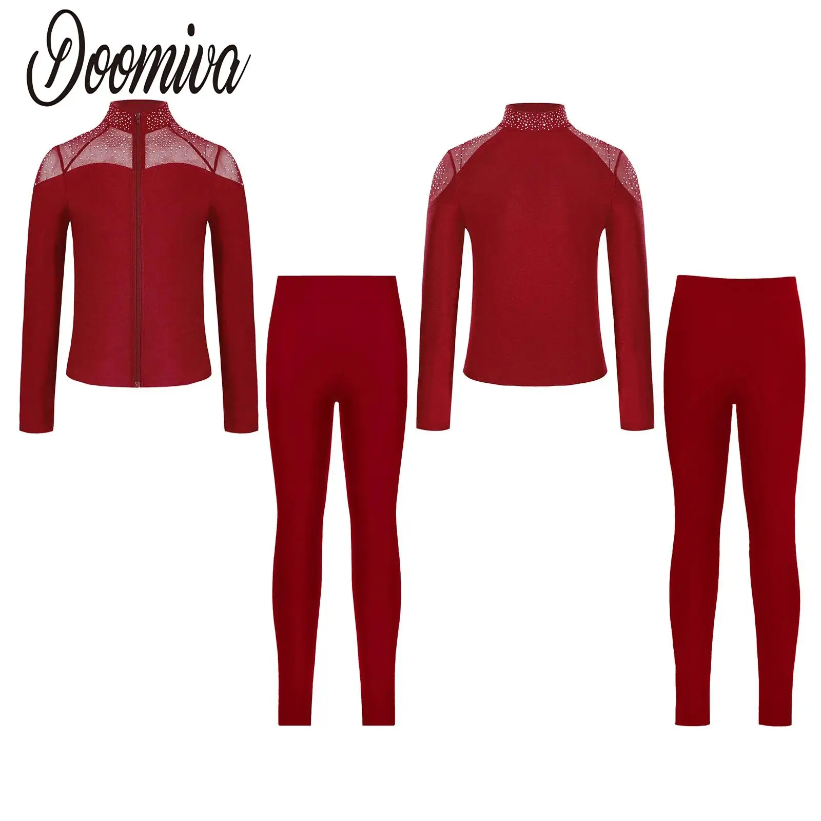 

Girls Figure Ice Skating Outfit Costume Rhinestones Long Sleeve Zipper Sweatshirt with Leggings for Gymnastics Dance Training