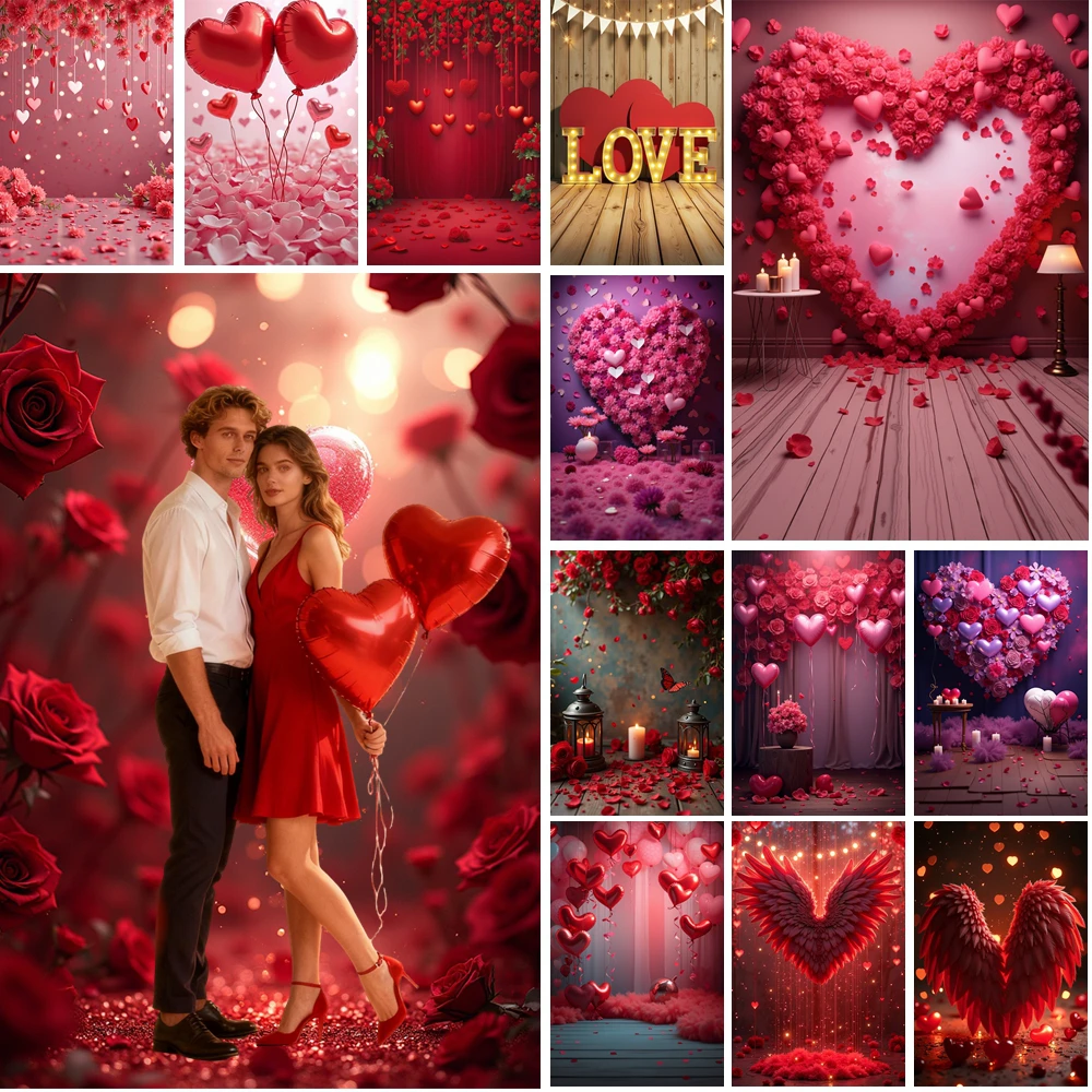 

MOON.QG Valentine'S Day Decoration Backgrounds For Photographs Red Ballooon Heart Rose Flowers Backdrop Girl Wedding Photocall