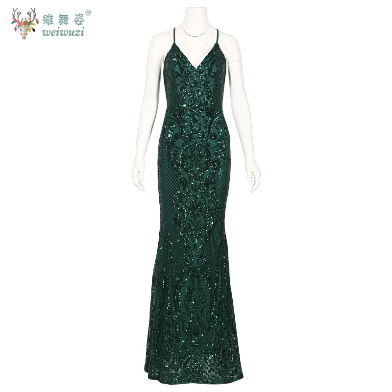 

Women's Hot Selling Sexy Drawstring Backless Sequin Long Skirt New V-neck Tight Party Evening Dress Green Women's Clothing