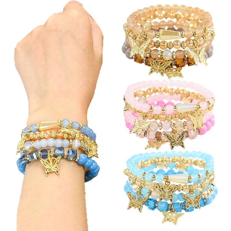 Hawaii Party Geschenke 4 Stücke Böhmen Schmetterling Charm Armband Set Acryl Perlen Elastische Kette Armreif Armband Fashion Party Schmuck