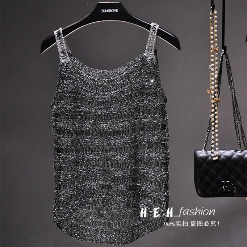 2024 new summer gold thread bright silk hollow camisole shiny thin sexy see-through top crop tops women 2020 tops for women