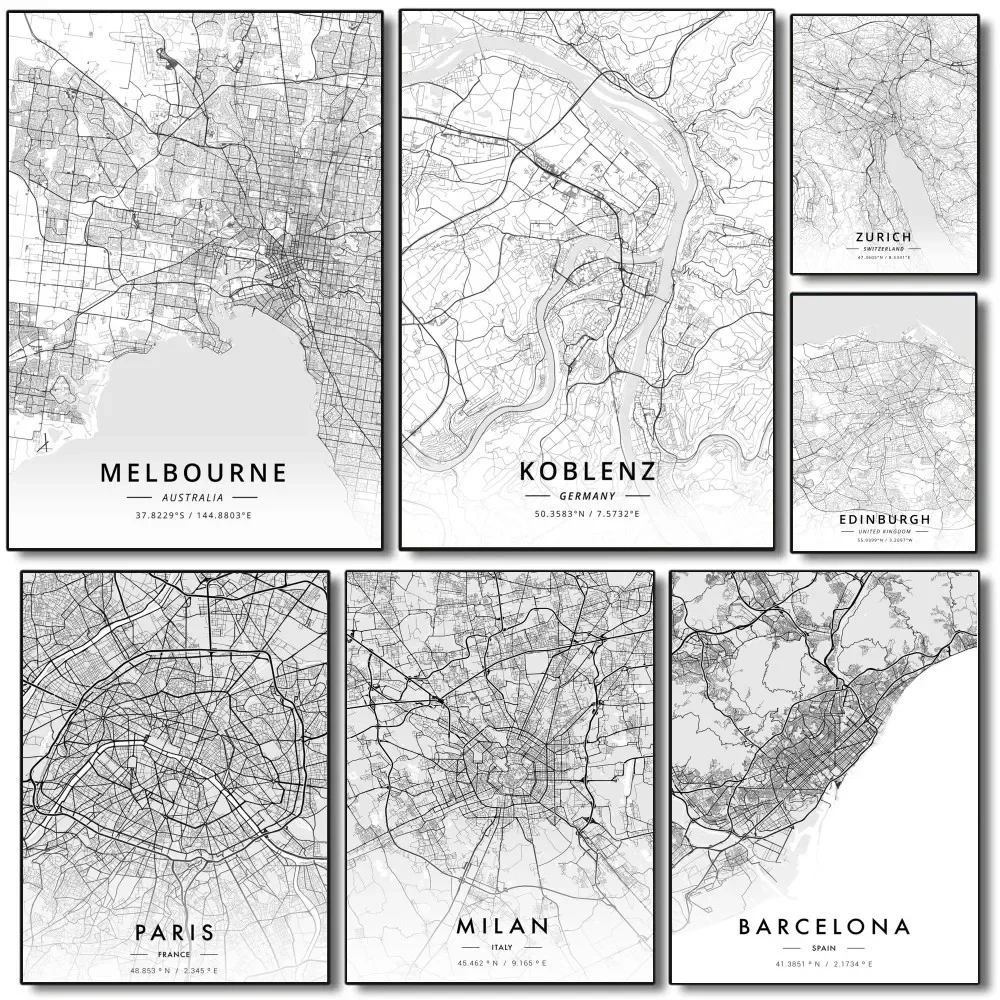 1PC Melbourne Koblenz Zurich City Map Poster Paper Print Home Living Room Bedroom Entrance Bar Restaurant Cafe