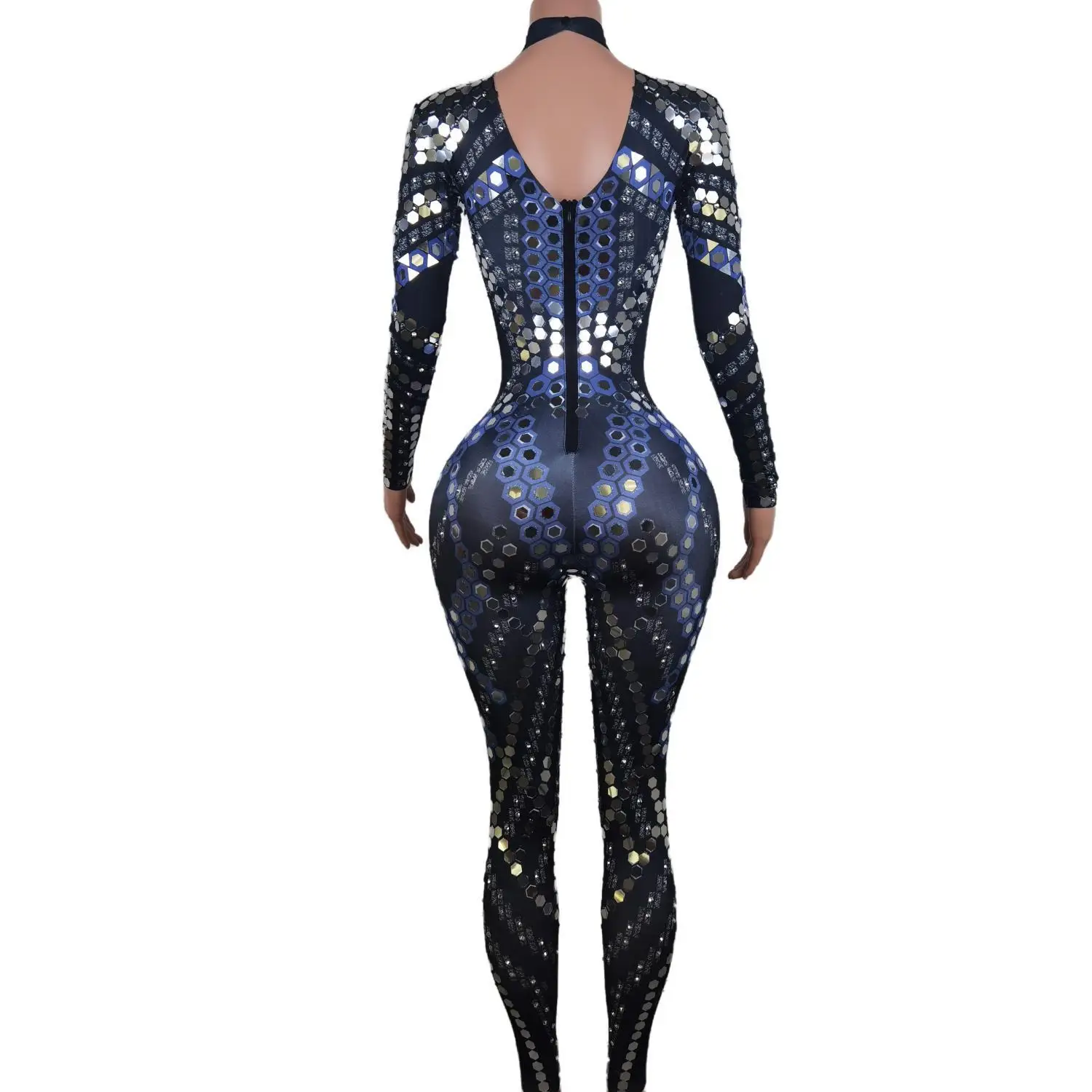 Fashion Long Sleeve Rhinestone Sequin Bodysuits Plus Size Spandex Dancer Leotard Bodycon Rompers Women Party One Piece Jumpsuits