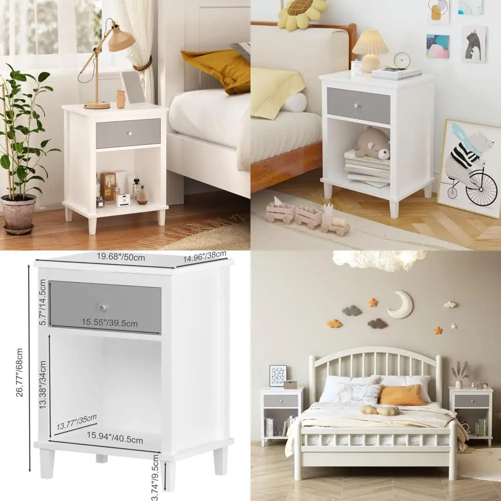 

Grey Wooden Kids Nightstand with One Drawer, 26.77 High, Suitable for Toddler Rooms, Girls' Bedrooms, End Table, or Living Room,