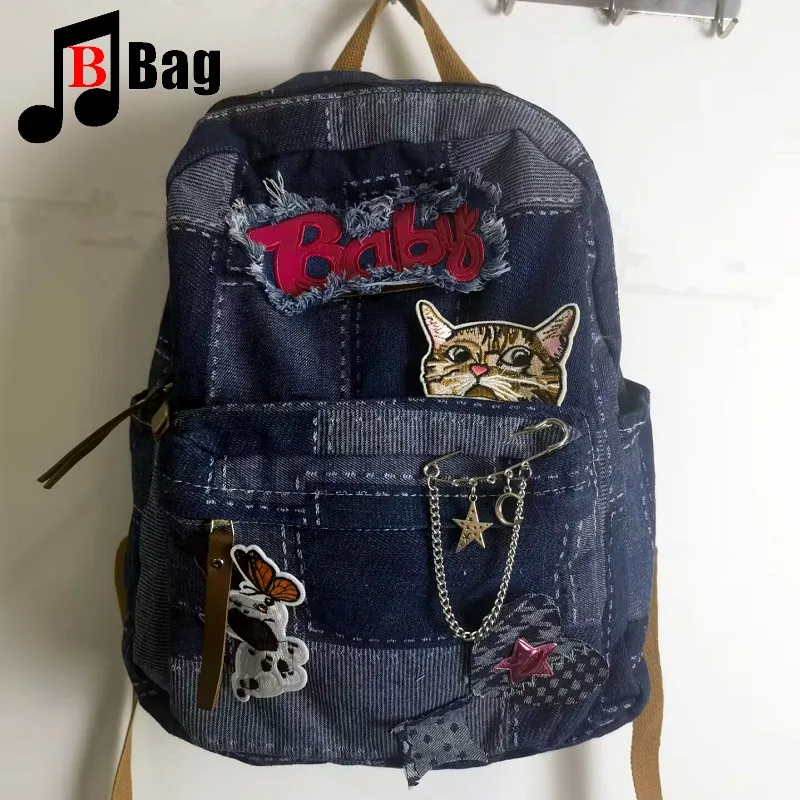 Harajuku Women Y2K Girl denim Lattice Backpack Students Large Capacity Backpacks book bag Computer Handbag School  Backpacks