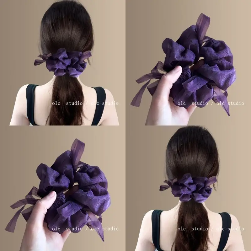 

Grape Mist Purple Satin Oversized Bow Scrunchie Fluffy Balletcore Korean Hair Accessories for Women Elegant Romantic Style