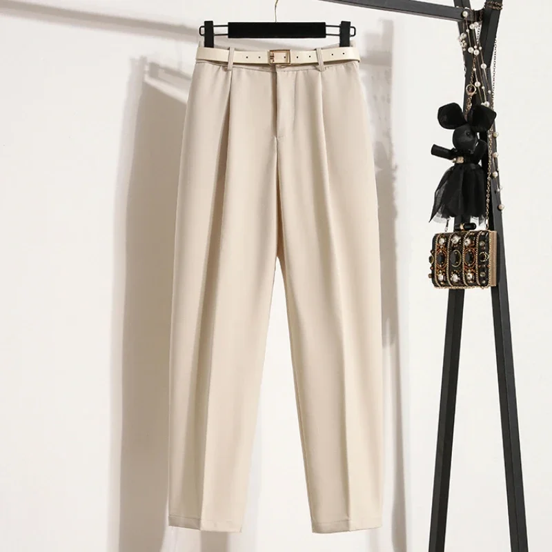 Moda terno harem calças para mulheres solto elástico de cintura alta calças retas casuais com cinto tornozelo comprimento calças largas perna mujer