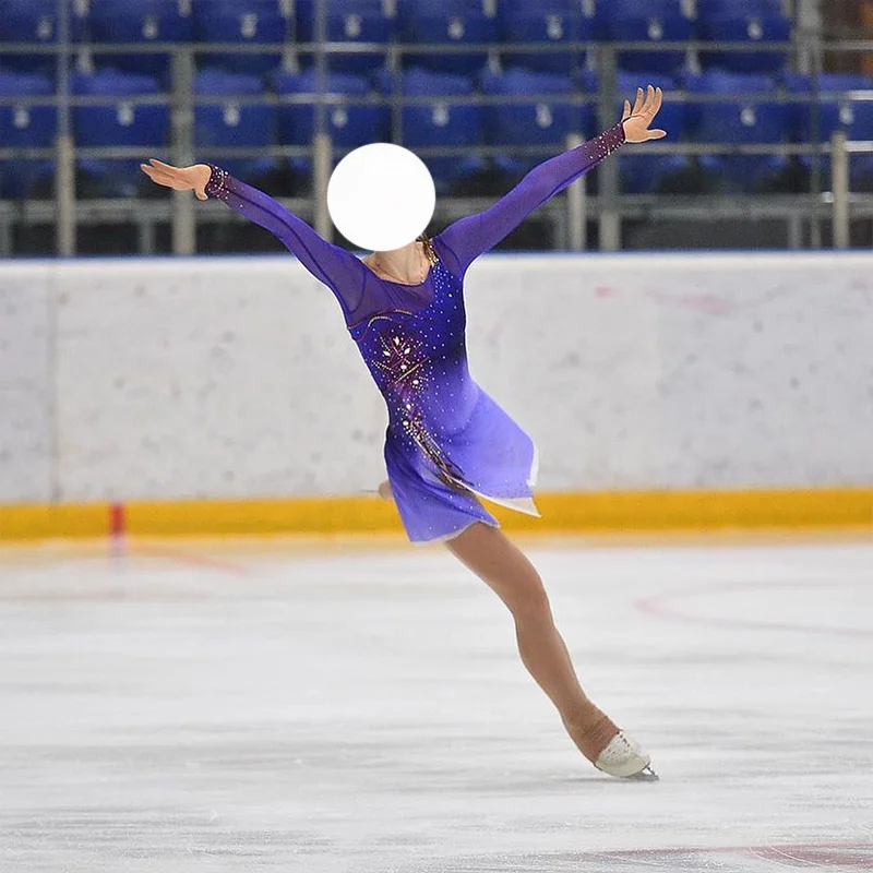 Vestido de patinaje artístico con borla de diamantes de imitación hecha a mano, gradiente púrpura para mujeres y niñas, ropa de patinaje de