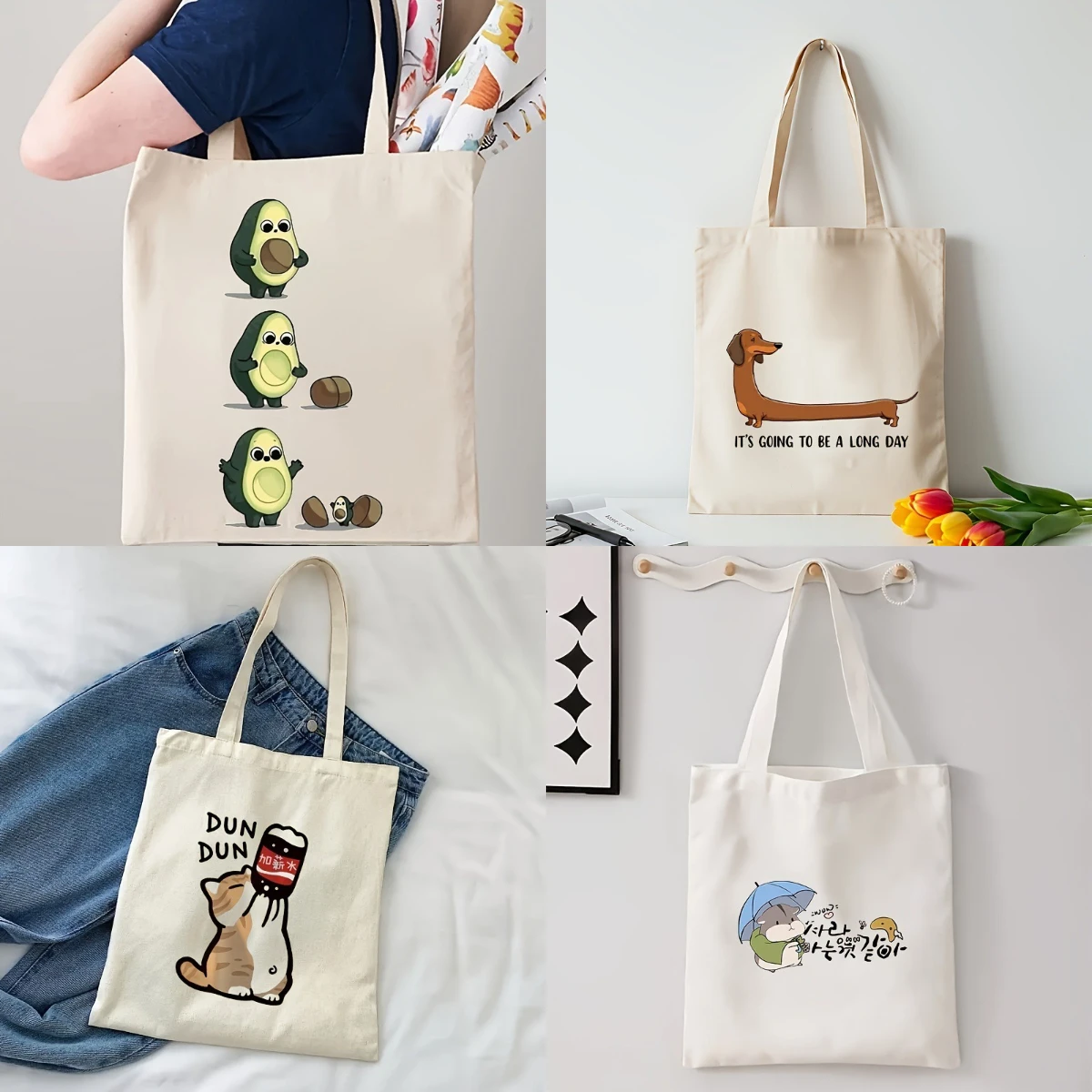 

Ladies' Avocado Printed Canvas bag with Cute Cartoon Design Tote Bag Casual Shoulder Shopping Bags Souvenir Holiday Party Gift
