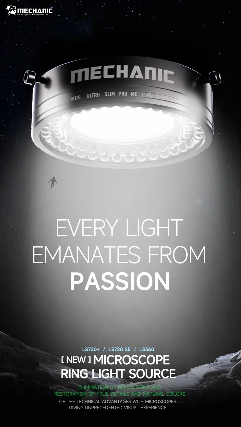 MECHANIC LS360 LS720 Plus SE LED Polarized Light Source Adjustable Brightness Reflection Ring Lamp for Stereo Microscope