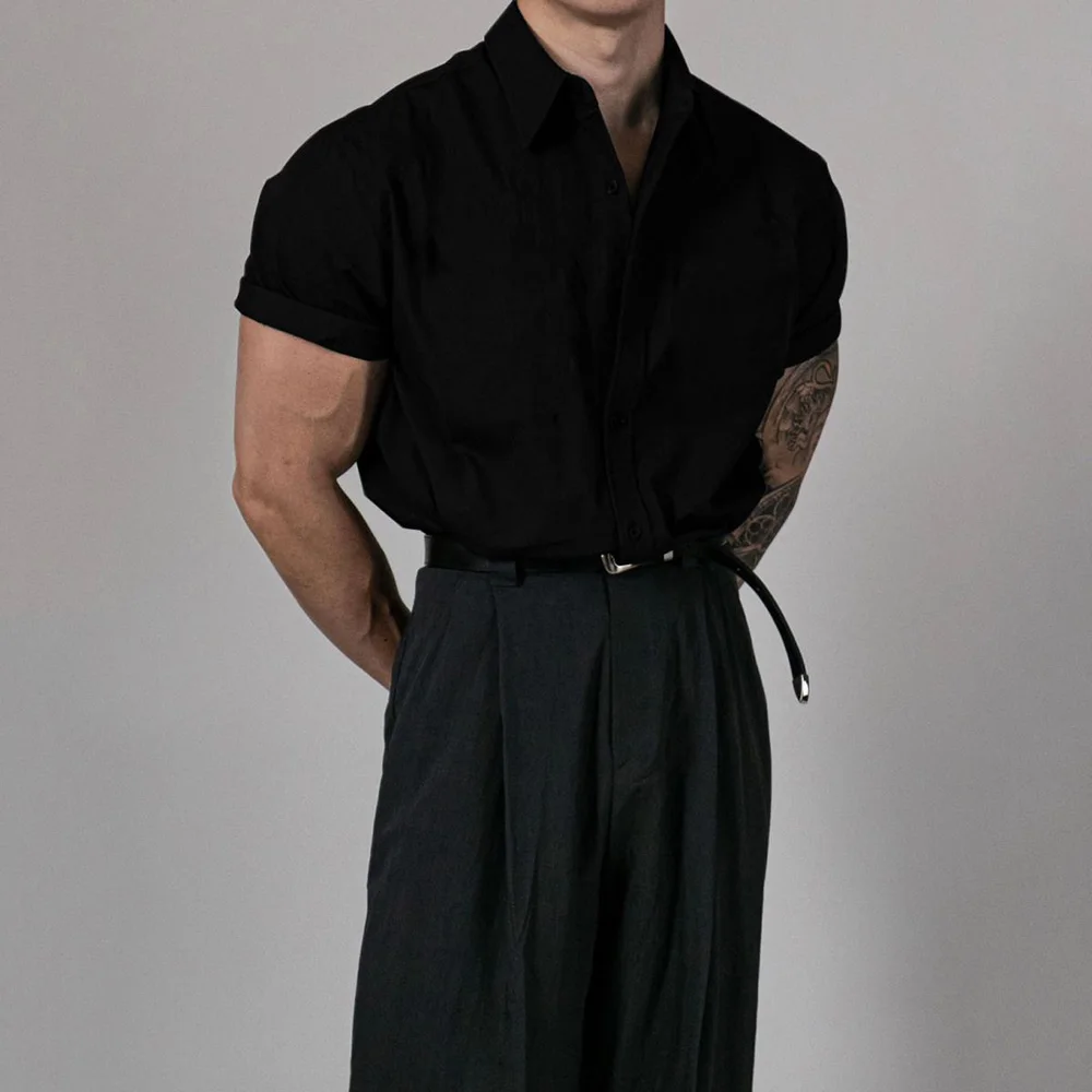 Mens Shirt Casual Slim Fit Top Breathable Thin Gym Fitness Solid Color Versatile Simple Shirt Men'S Clothing 2024 Summer New