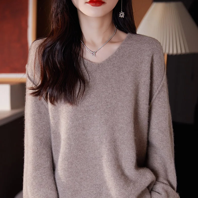 V-neck 100% wool sweater women's autumn and winter long sleeved knitted sweater loose and lazy style plus size cashmere sweater