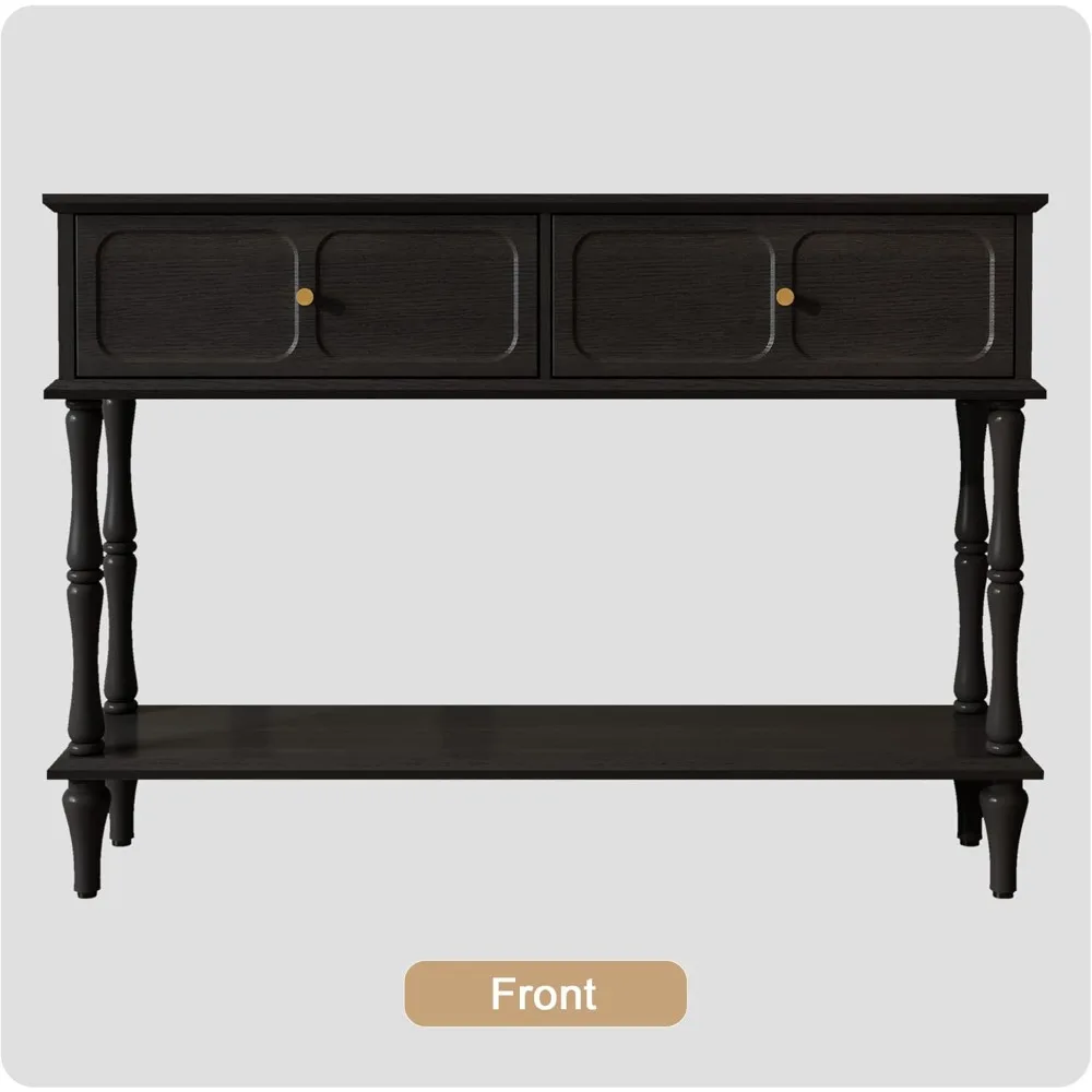 Mid-Century Console Table for Entryway with 2 Drawers, Black Retro Entryway Table with Storage Cabinets and Open Shelf