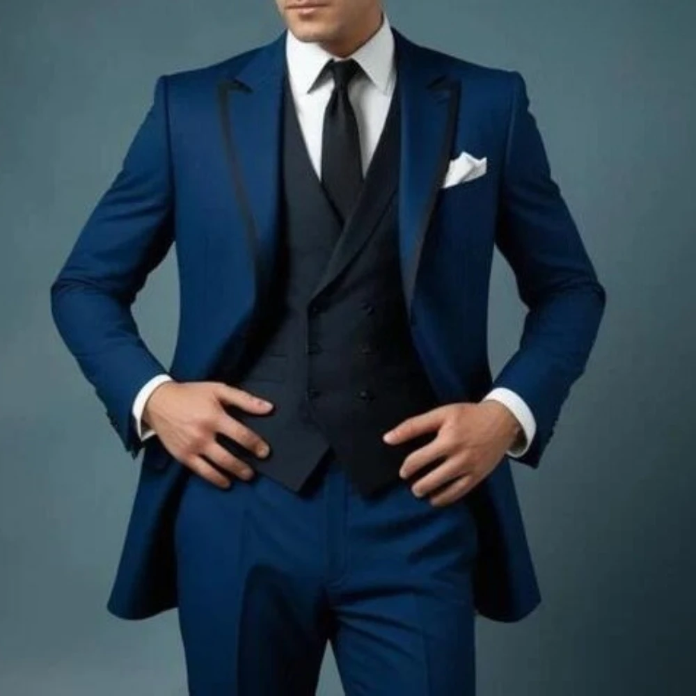 

Темно-синий деловой мужской костюм для торжественных случаев, жениха, жениха, свадебной вечеринки, выпускного вечера, мужские смокинги, комплект из 3 предметов, пиджак, жилет, брюки