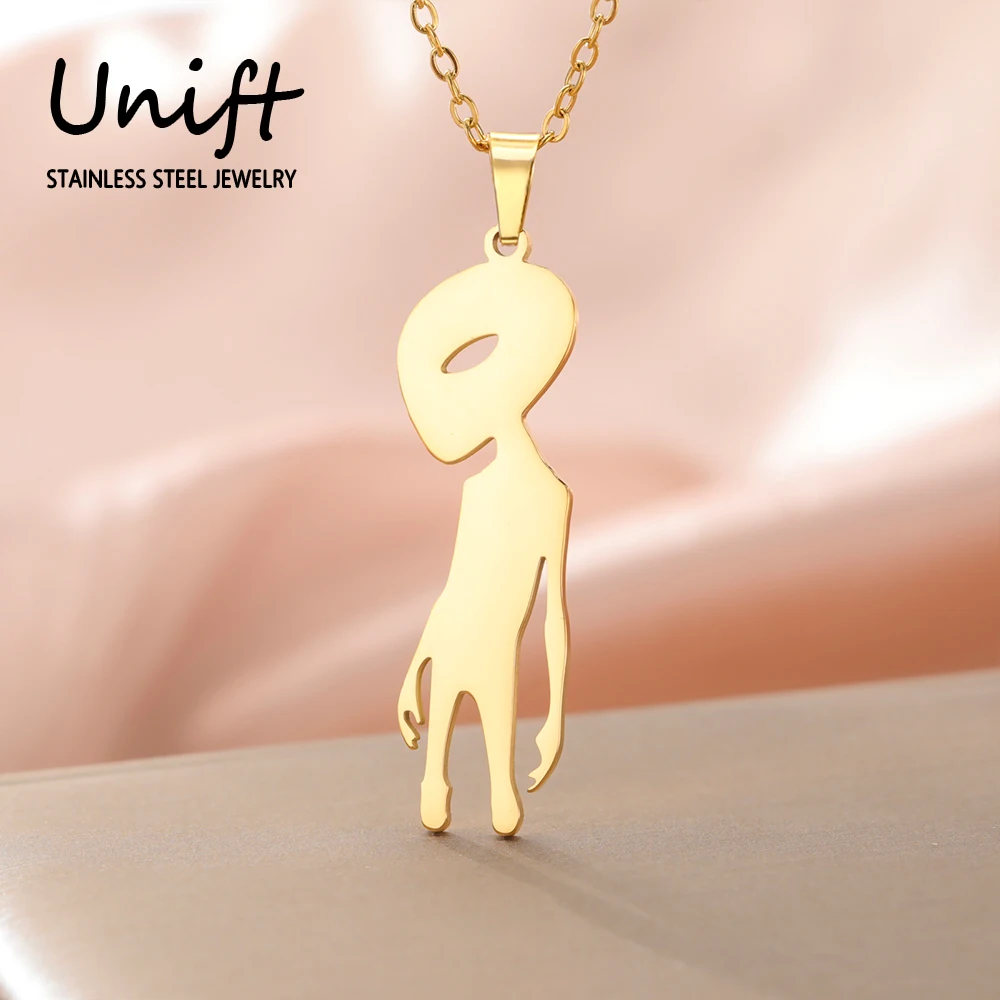 Unift Big Head Alien Figure Necklace for Women Stainless Steel Hip Hop Children Jewelry Mysterious Outer Space Lover Gift Trendy