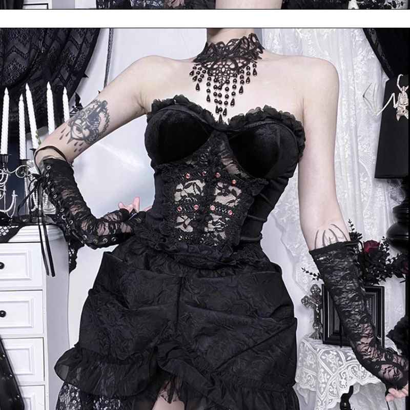2025 Autumn New Halloween Gothic Dark Women's Tube Top Original Design Sexy Lace Hollow Out Hot Girl Long Dresses Sets Ladies