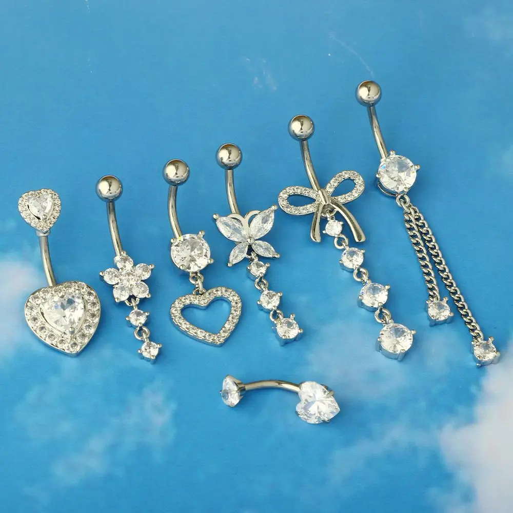 7pcs/lot Belly Button Ring Sets Pink Gold Crystalz Belly Piercing Jewelry for Women Flower Heart Curved Navel Piercing Nombril