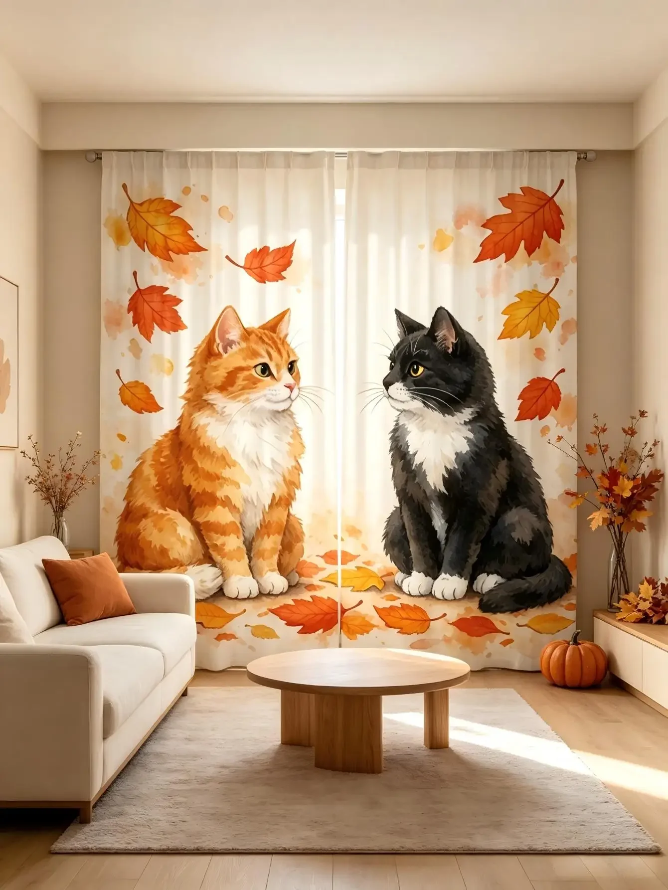 2pcs Cute Autumn Cat Curtains Fall Maple Leaves Window Drapes Watercolor Kitten Pet Decor Living Room Bedroom