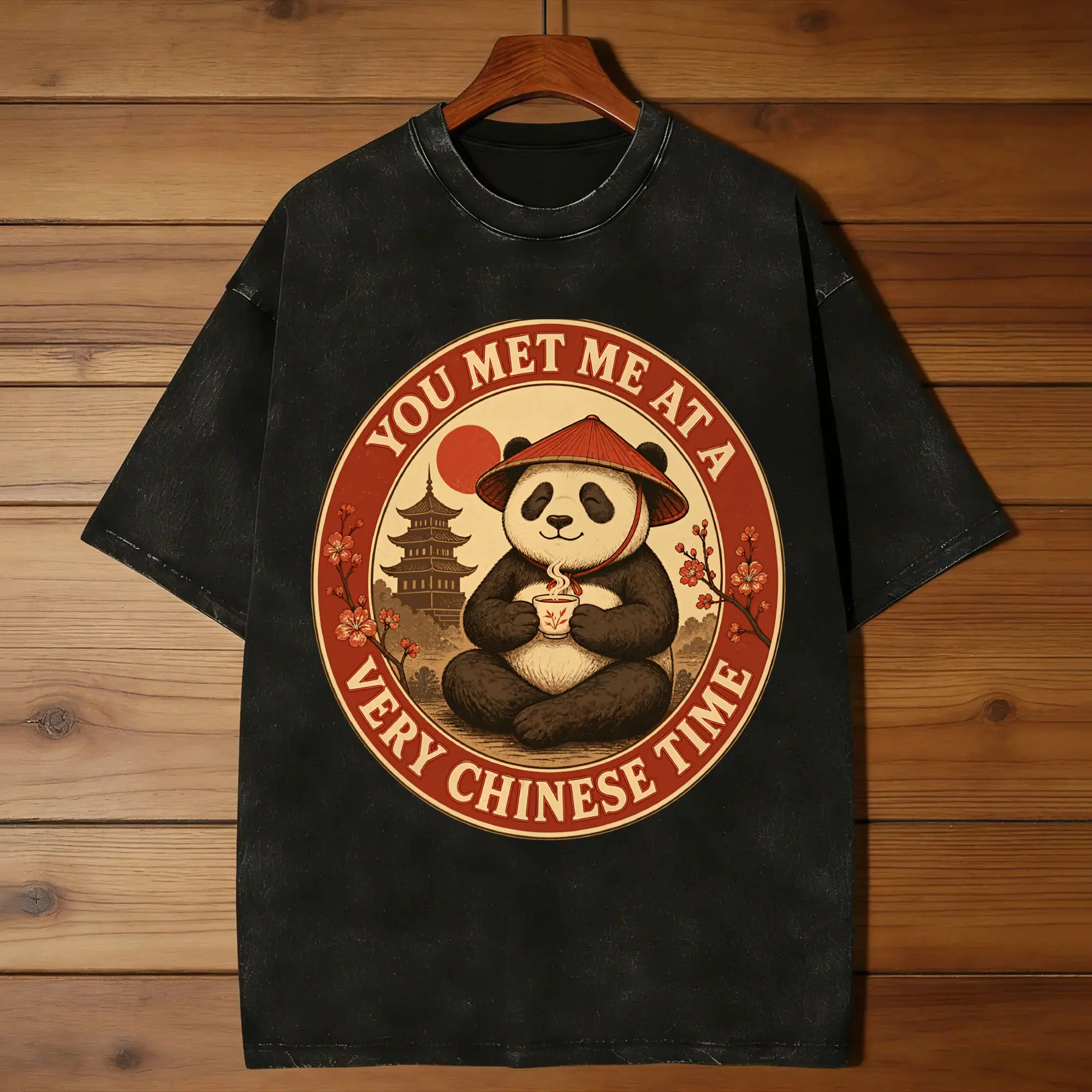 You Met Me At A Very Chinese Time Cute Panda Tea Circle Badge T-Shirt for Men Round Collar Short Sleeve Tees Party Clothes