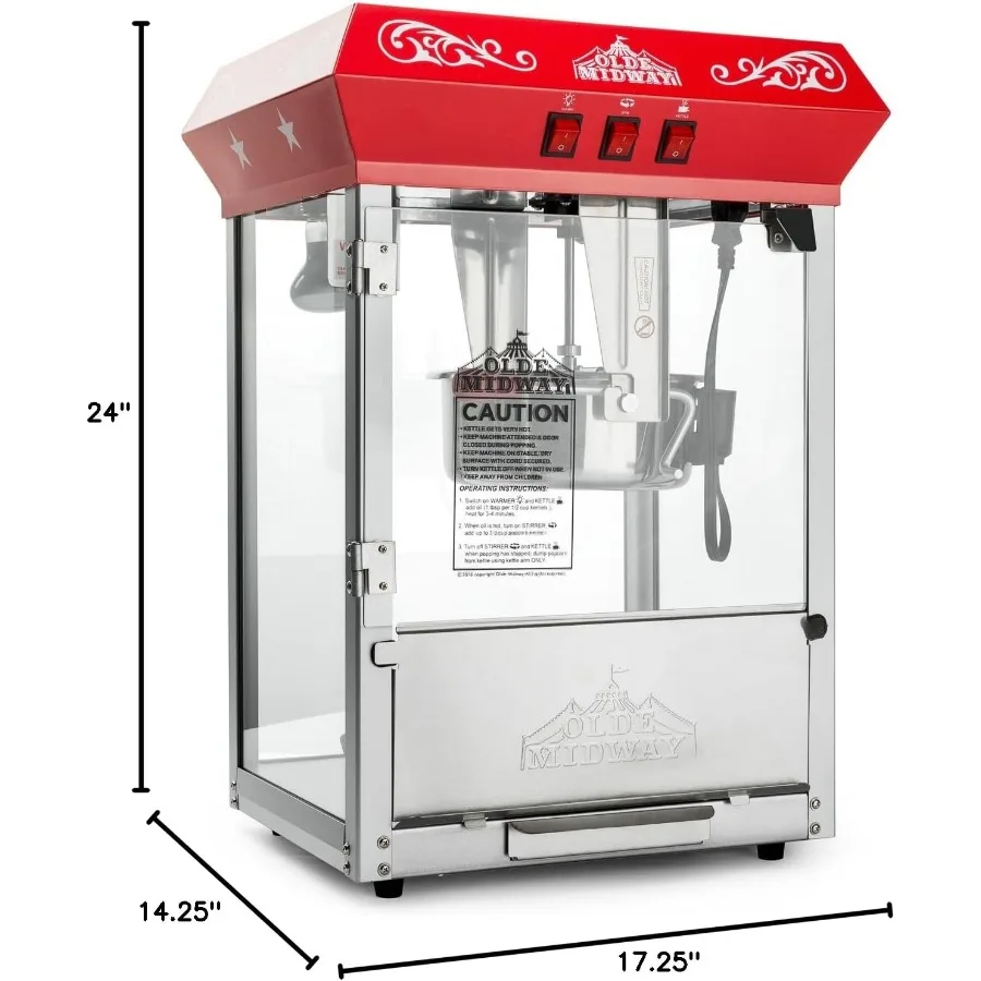 Maszyna do popcornu w stylu baru z garncikiem o pojemności 230 ml do użytku w domu, na imprezach, w kinach i na stoiskach z przekąskami, kolor czerwony, kompaktowa.