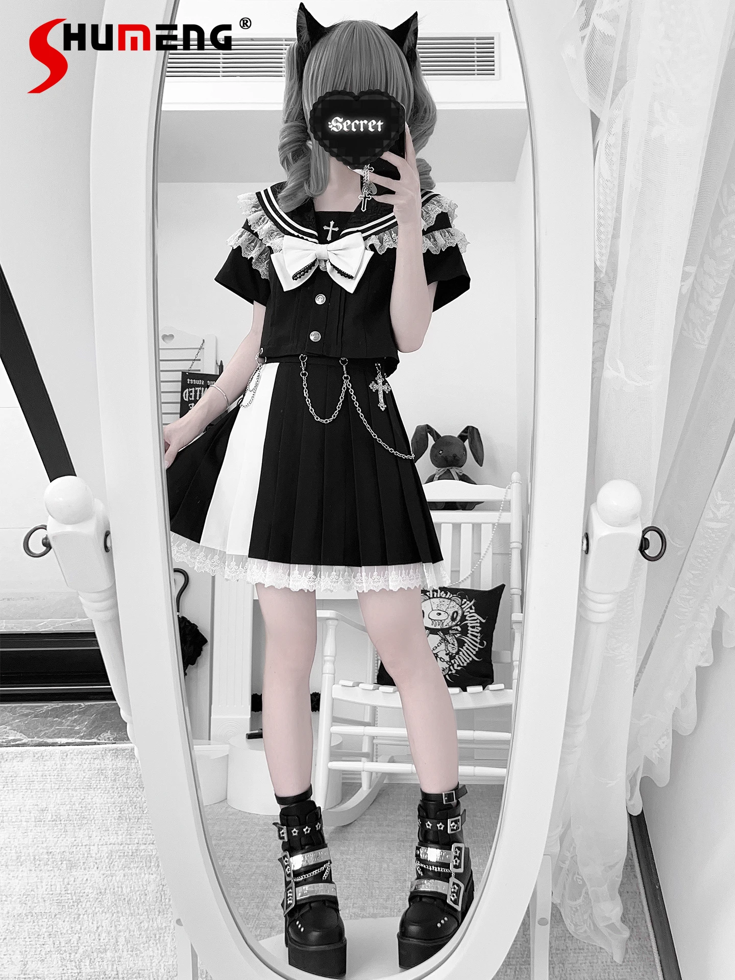

Japanese Dark Gothic Style Subculture Lace Splicing Navy Collar Short Shirts High Waist A-line Pleated Skirt Two-piece Set Women