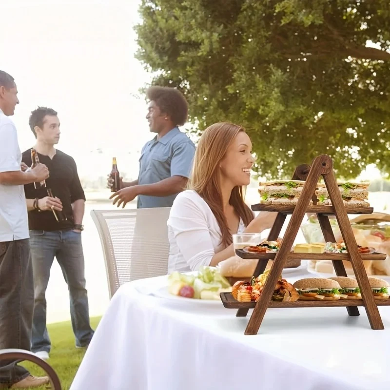 صينية تقديم من 3 طبقات، حامل كب كيك ثلاثي الطبقات، طبق تقديم مستطيل، صينية خشبية متدرجة، صينية تزيين بنية اللون #3