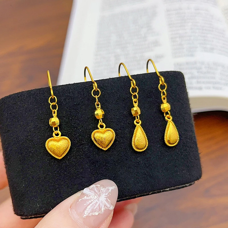 

Luxury 100% Real 24K Gold 999 Antique Brushed Teardrop Bead Heart Tassel Ear Hook Earrings For Women