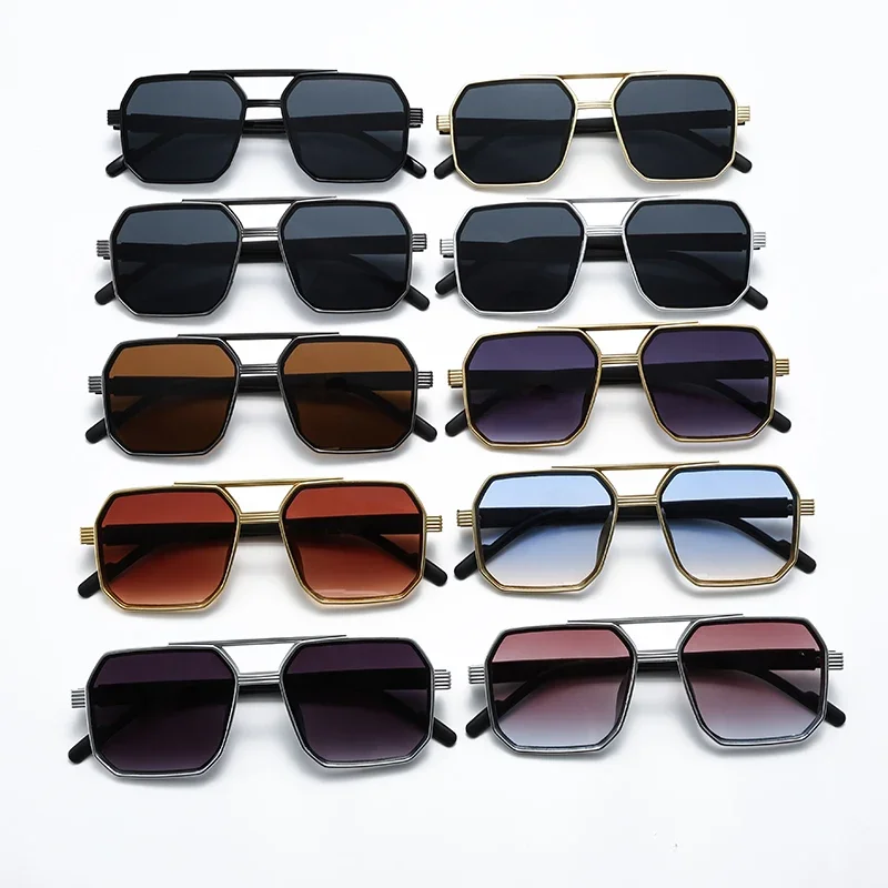 New Fashion Double Beam Polygonal Anti Light Sunglasses Retro Personalized Trendy Large Frame Eyewear Man Women Sun Glasses