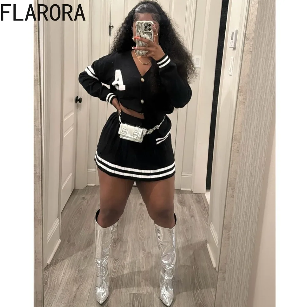 FLARORA Elegant Stripe Knit 2pcs Sets Woman Long Sleeve V Neck Print Tops And Mini Pleated Skirts Outfits Autumn Streetwear New