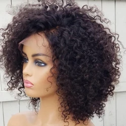 Natural Black Kinky Curly Soft Glueless 180%Density Short Blunt Cut Bob Deep Lace Front Wigs For Women With Baby Hair Preplucked