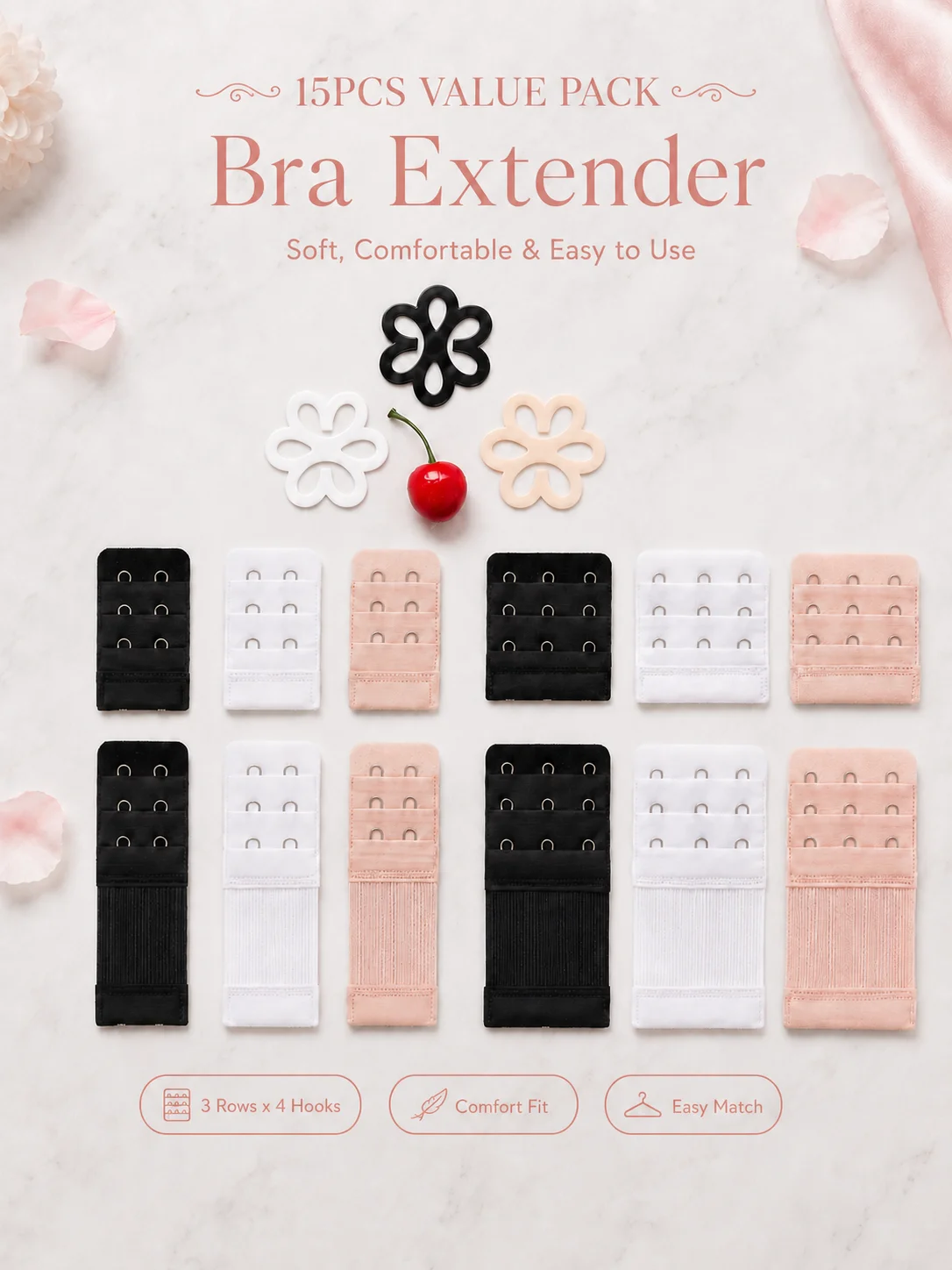 15pcs Elastic Stretch Three-Row Three-Hook Bra Extender with Stainless Steel Anti-Slip Combination