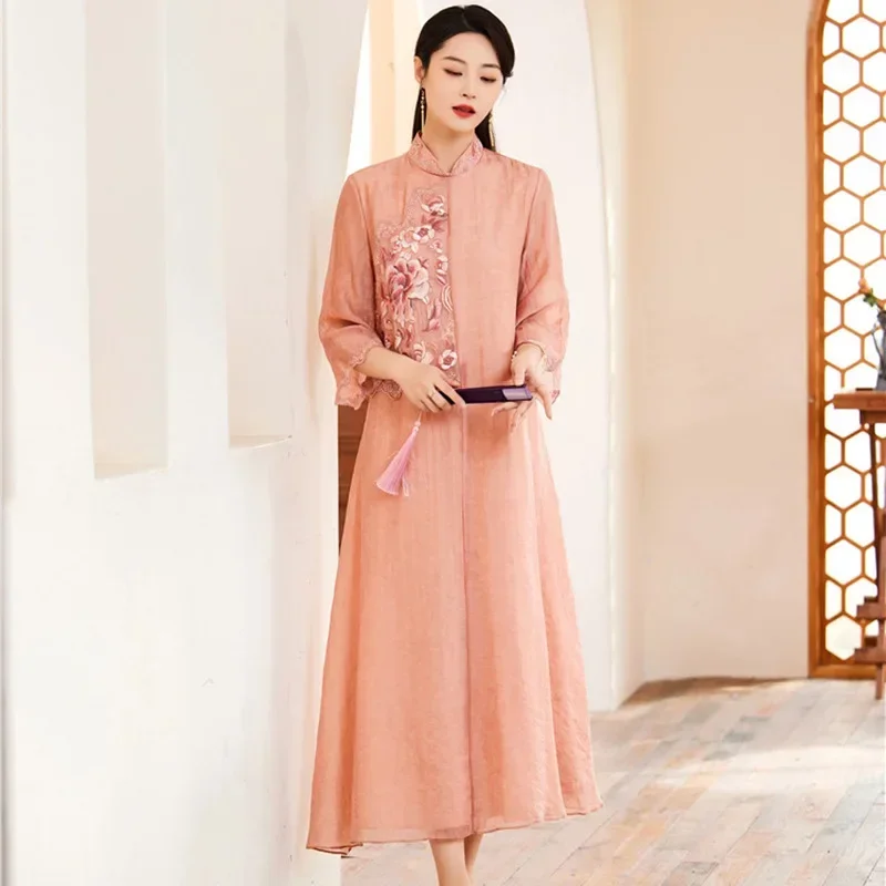 High-End Spring Summer Women Retro Stand Collar Three Quarter Sleeve Elegant Embroidery  A-line Lady Party Hanfu Dress S-XXL