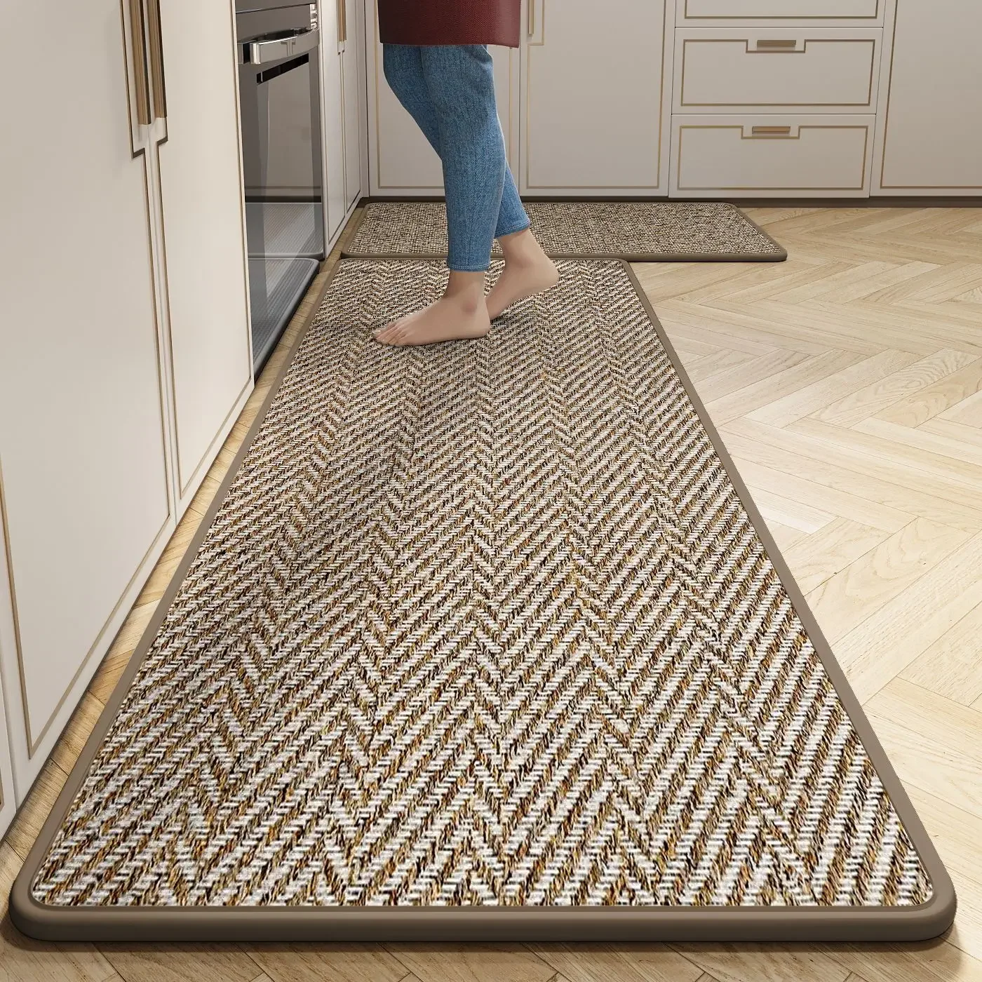 Stain Resistant Kitchen Mat, Elegant Linen Texture Runner, Fast Oil & Water Absorbent, Non-Slip Rubber Backing for Sink Area