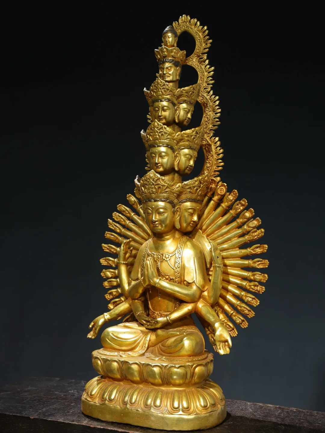 

20"China Collections Old Bronze Gilded Cinnabar 1000 arm Guanyin Buddha Cundhi Bodhisattva Worship Hall Town house
